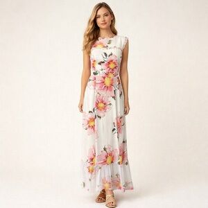 Karl Lagerfeld Paris Ivory Pink Peony Floral Maxi Dress Romantic Feminine